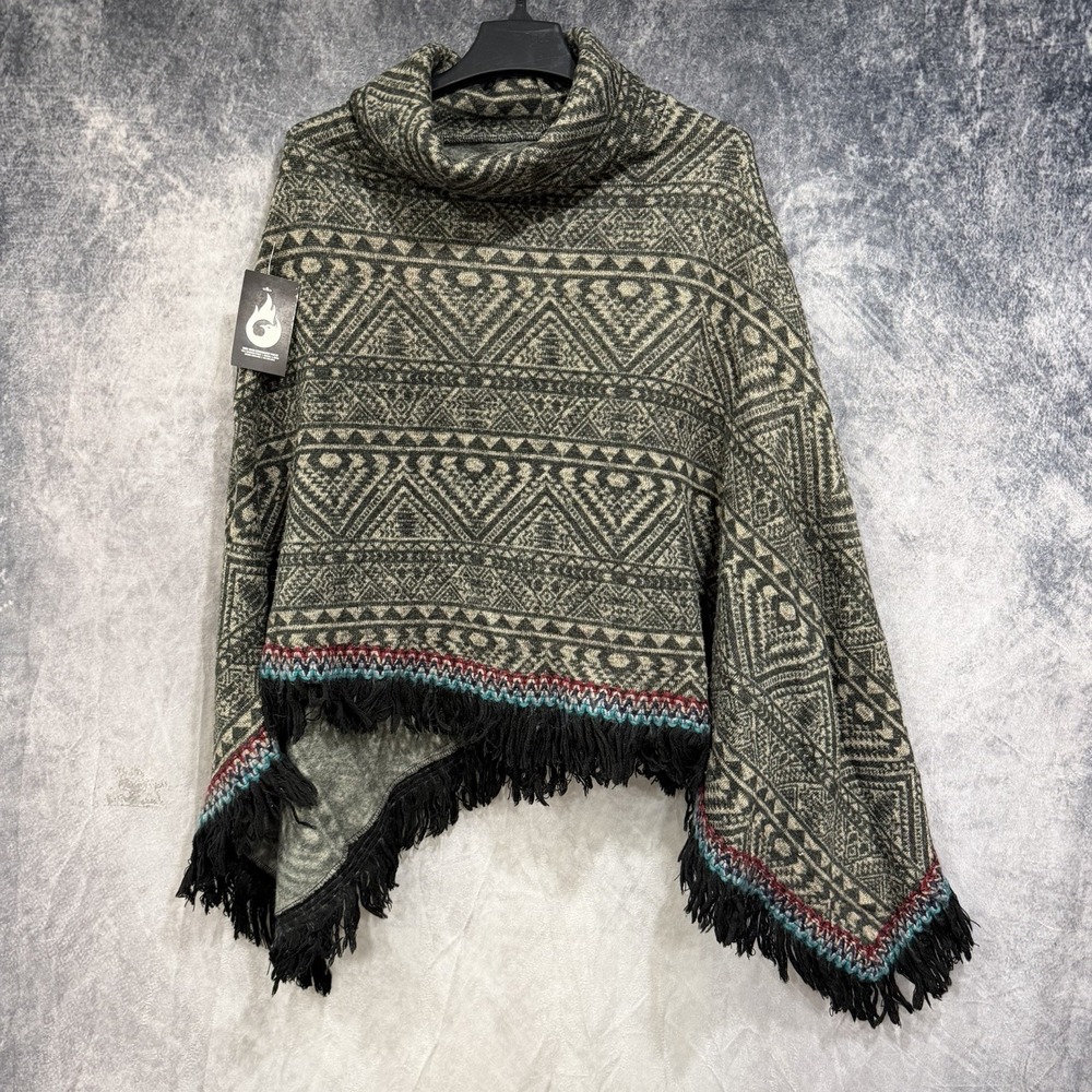 Womens Brown Black Aztec Poncho Fringe Cowl Neck Red Teal Accents